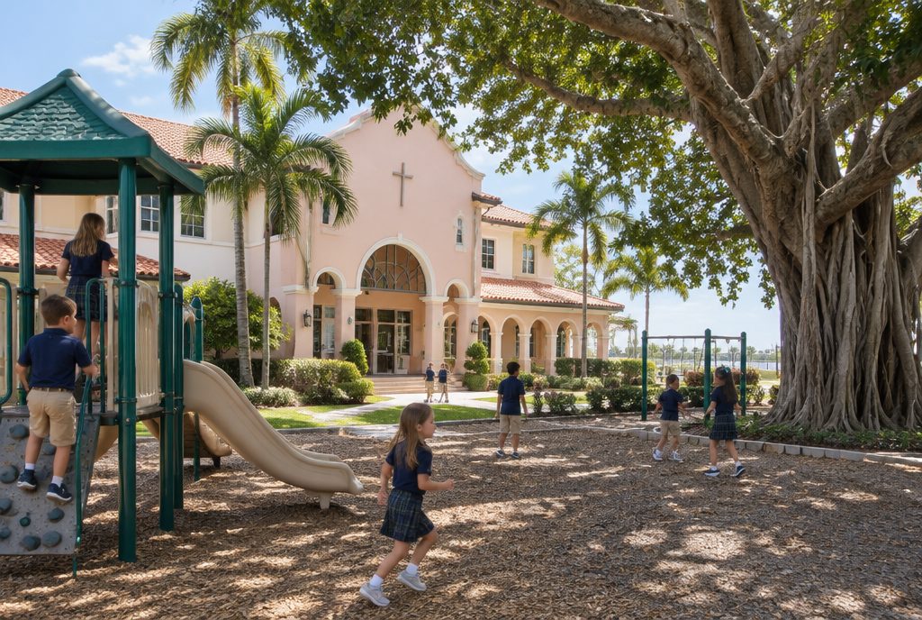 Students and a teacher outside a small church-run school with a covered walkway and palm trees