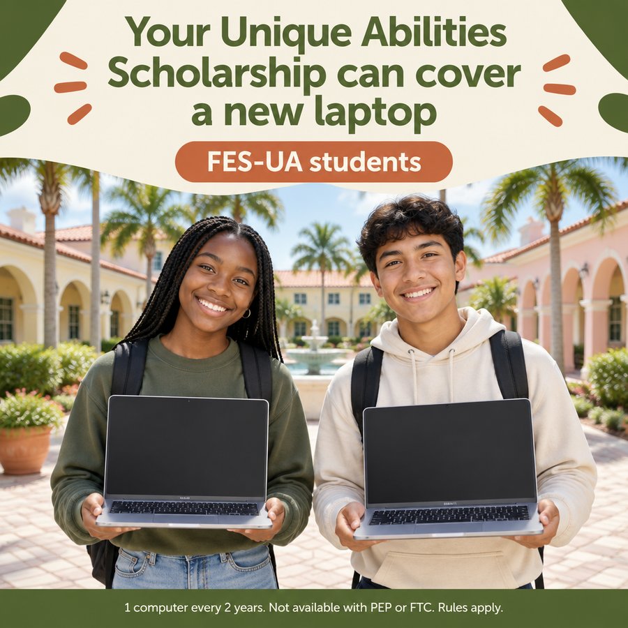A West Palm Beach student with a new laptop paid for by a Florida Unique Abilities Scholarship