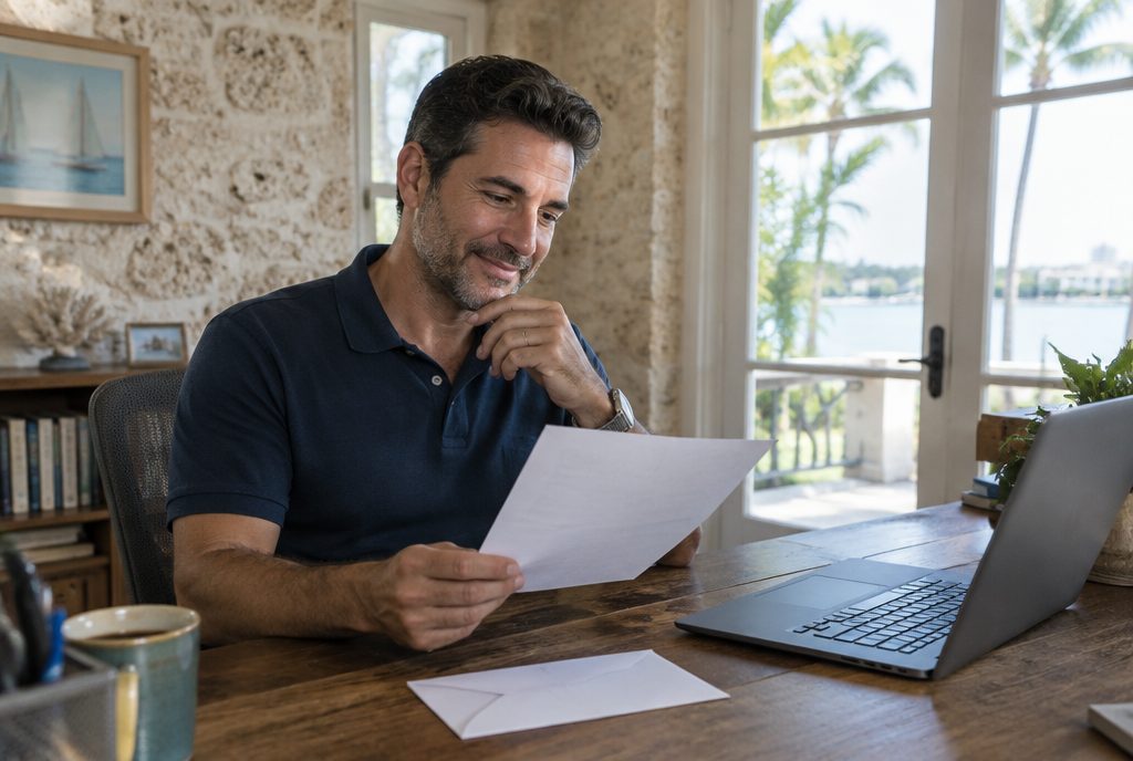 A Palm Beach County family at a kitchen table comparing school tuition quotes with a laptop and a notepad